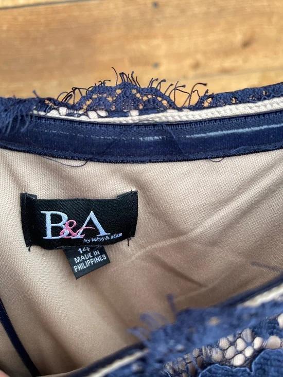 Betsy & Adam Navy Off-Shoulder Lace Evening Gown - Picture 4 of 5